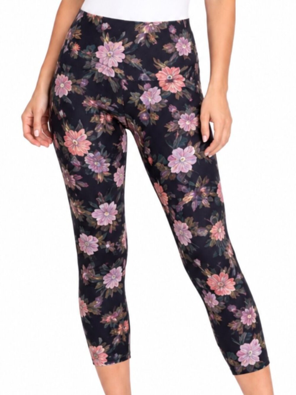 XS Womens Black Floral High-Waist Capri Leggings Stretch Pants. Workout Walking